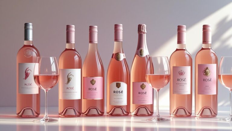 Collection of rosé wine bottles and glasses in pastel pink tones chic and modern setup elegant summer vibe Soft natural lighting with multiple bottles displayed together for category cover